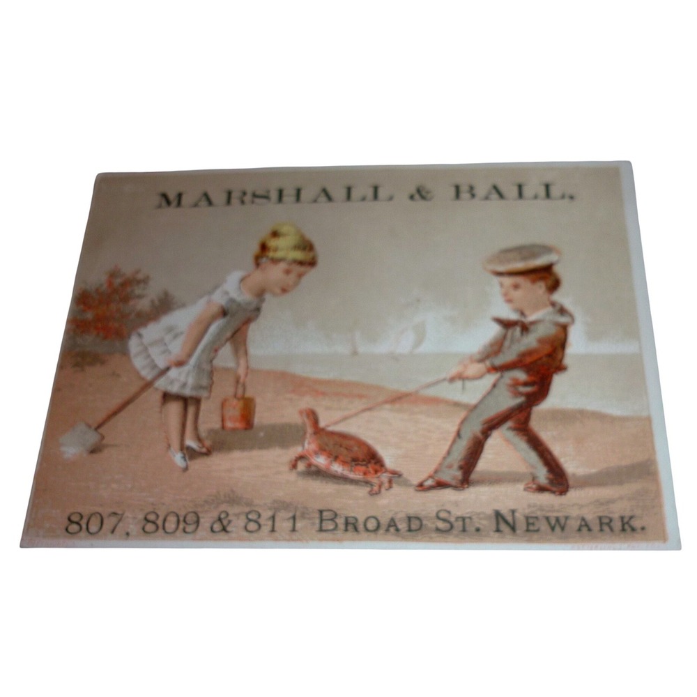 Vintage Marshall & Ball Newark NJ Clothing Trade Card Children Turtle Beach